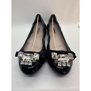 Miu Miu Black Patent Leather Ballet Flats Crystal Bow Size 39.5 EU